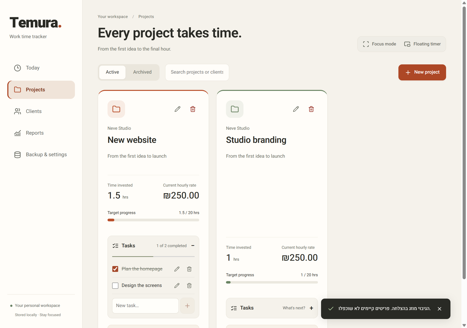 Temura projects with pricing, tracked hours and task checklists using example data