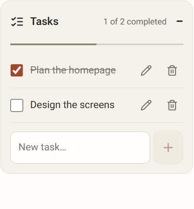 Checklist demo: completing a task, adding another and marking it done
